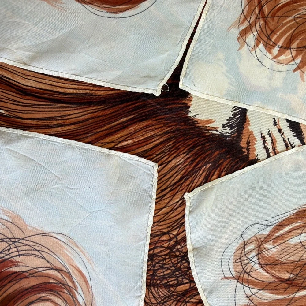 Vintage Glentex Lion Head Scarf Made in Japan Brown Satin Square Safari 26